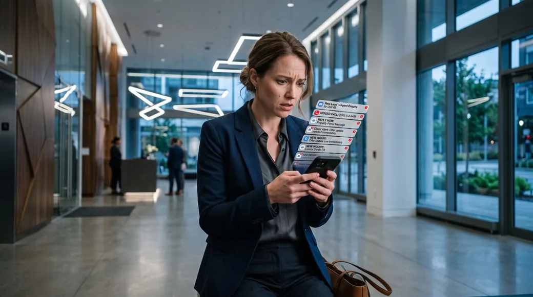 Professional broker stressed by unanswered lead alerts in corporate lobby