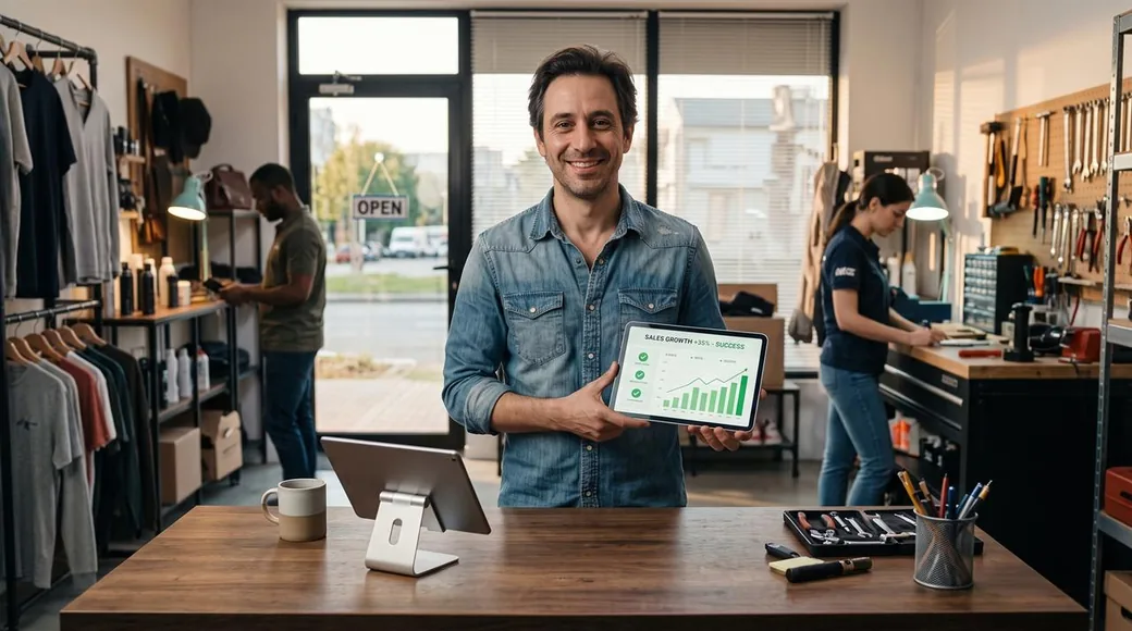 Business owner confident with automated tablet system